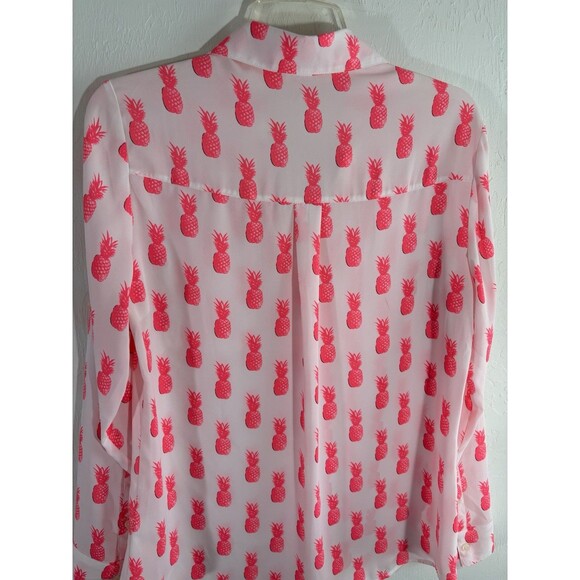 Express Women’s M  White w/ Hot  Pink Pineapples V Neck Roll Tab Button Up Shirt - Picture 6 of 8
